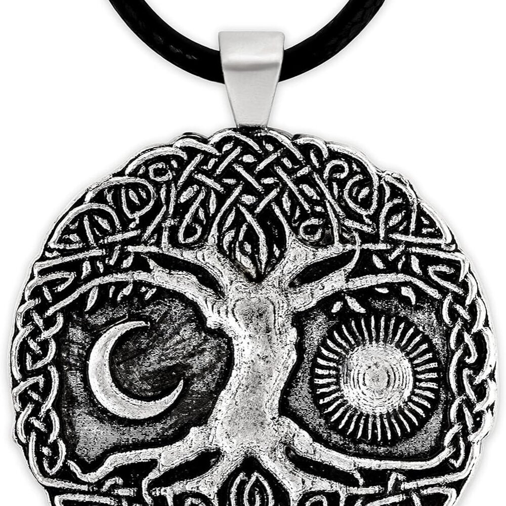 Tree of Life Necklace, Vintage Antique Tree of Life Moon Pendant, Faux Leather C
